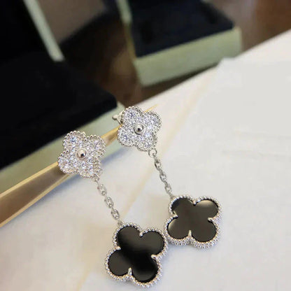 [Moco]CLOVER 2 MOTIFS  DIAMOND ONYX EARRINGS SILVER