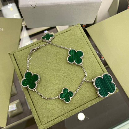 [Moco]CLOVER 5 MOTIFS SIVLER MALACHITE BRACELET