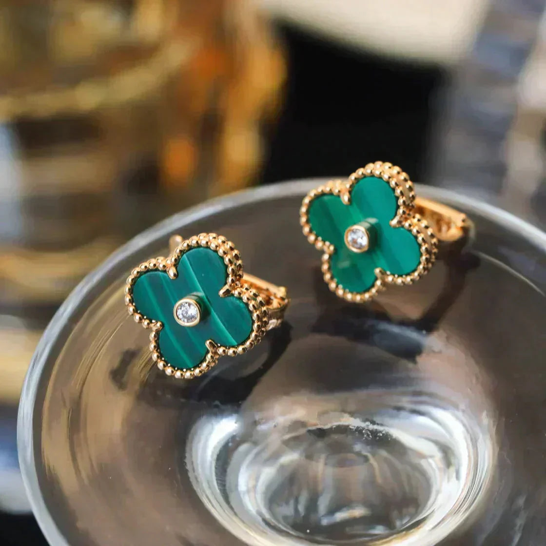 [Moco]CLOVER MEDIUM 1 MOTIFS MALACHITE DIAMOND EARRINGS