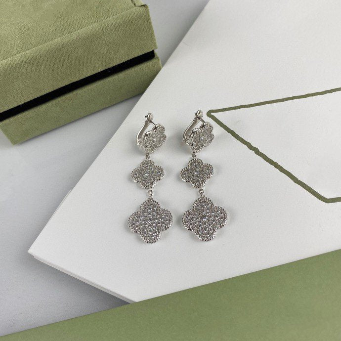 [Moco]CLOVER 3 MOTIF DIAMOND SILVER DROP EARRINGS