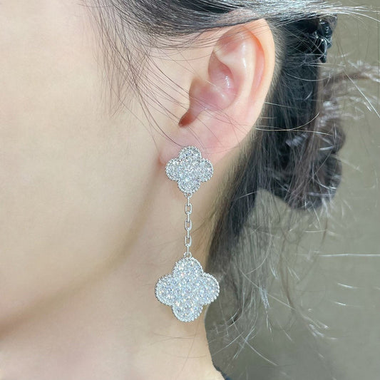 [Moco]CLOVER 2 MOTIFS DIAMOND PAVED SILVER EARRINGS