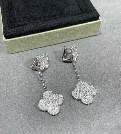 [Moco]CLOVER 2 MOTIFS DIAMOND PAVED SILVER EARRINGS