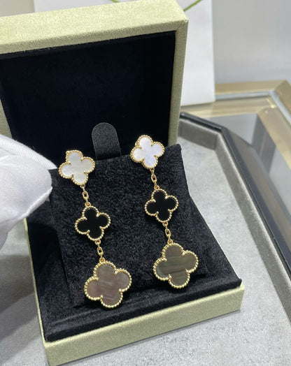 [Moco]CLOVER 3 MOTIF MOP ONYX DARK MOP PINK GOLD EARRINGS