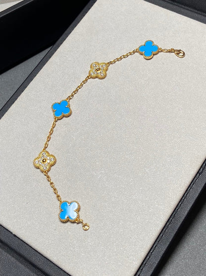 [Moco]CLOVER 5 MOTIF BLUE CHALCEDONY DIAMOND GOLD BRACELET