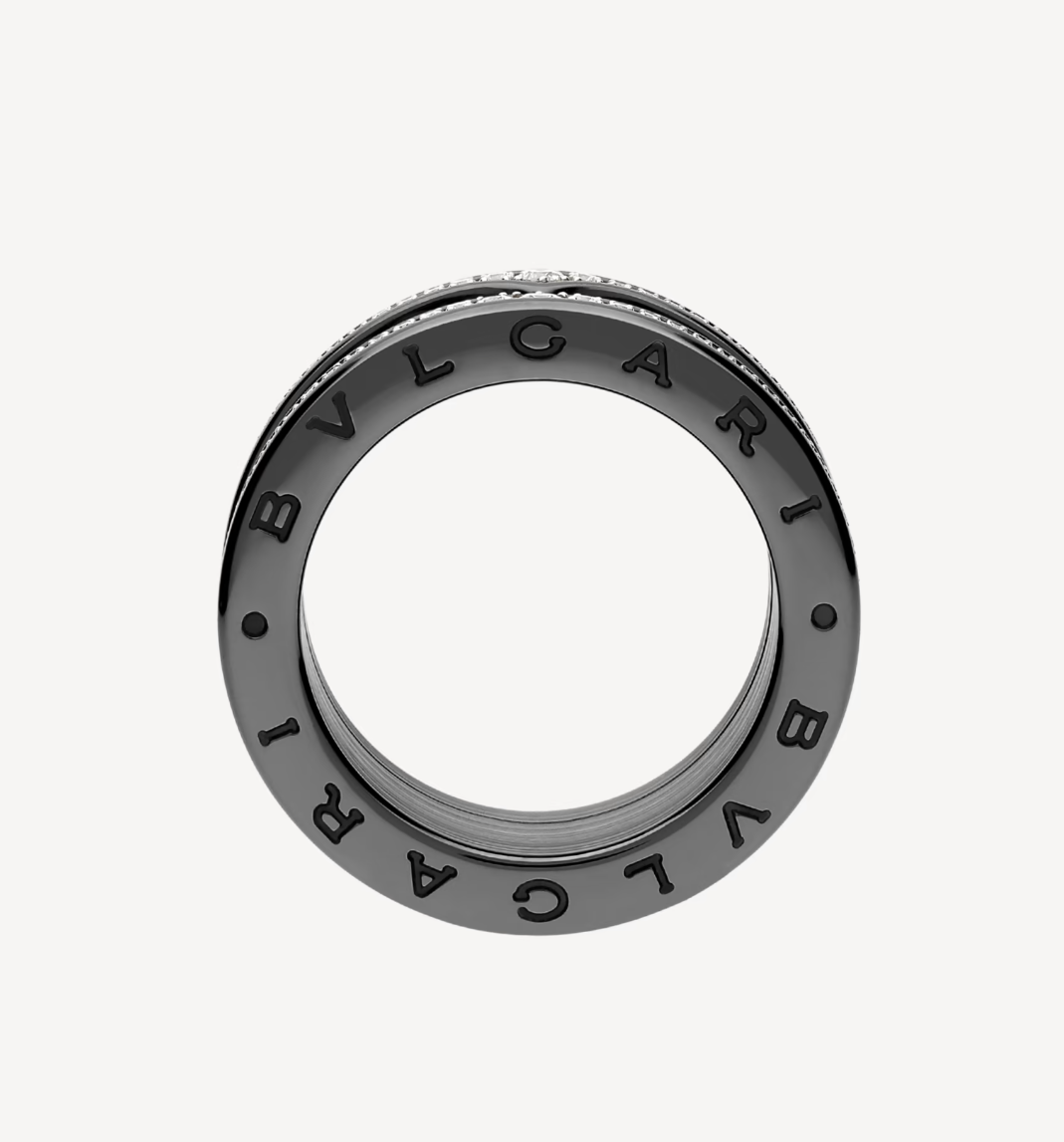 [Moco]ZERO 1 ROCK FOUR-BAND BLACK CERAMIC WITH STUDDED SPIRAL AND PAVED DIAMONDS RING