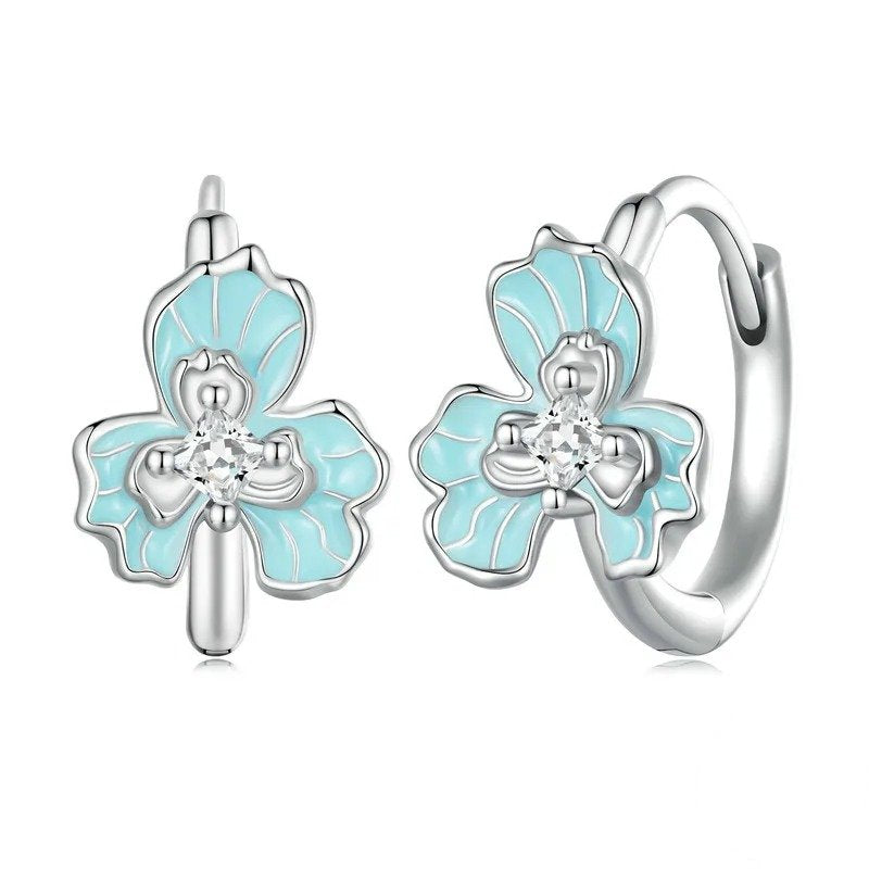 Blue Enamel Iris Ear Buckles Flower Hoop Earrings