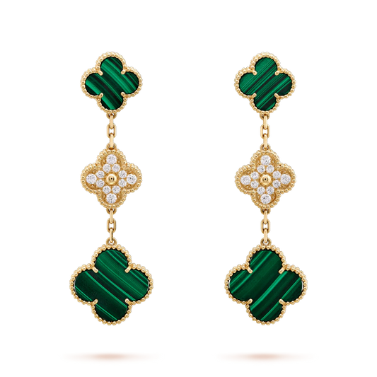 [Moco]CLOVER EARRINGS GOLD MALACHITE DIAMOND 3 MOTIF