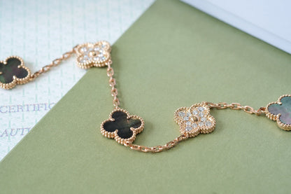 [Moco]CLOVER 5 MOTIFS DARK MOP AND DIAMONDS PINK GOLD BRACELET